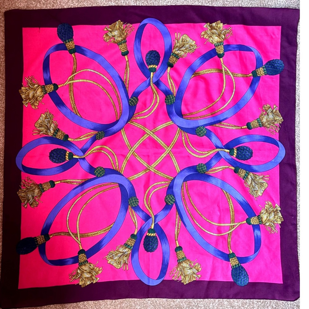 Vintage Made in Italy Square Scarf Pink Purple Tassel Rope Print Large 30in